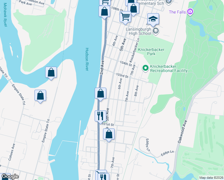 map of restaurants, bars, coffee shops, grocery stores, and more near 141 6th Avenue in Troy