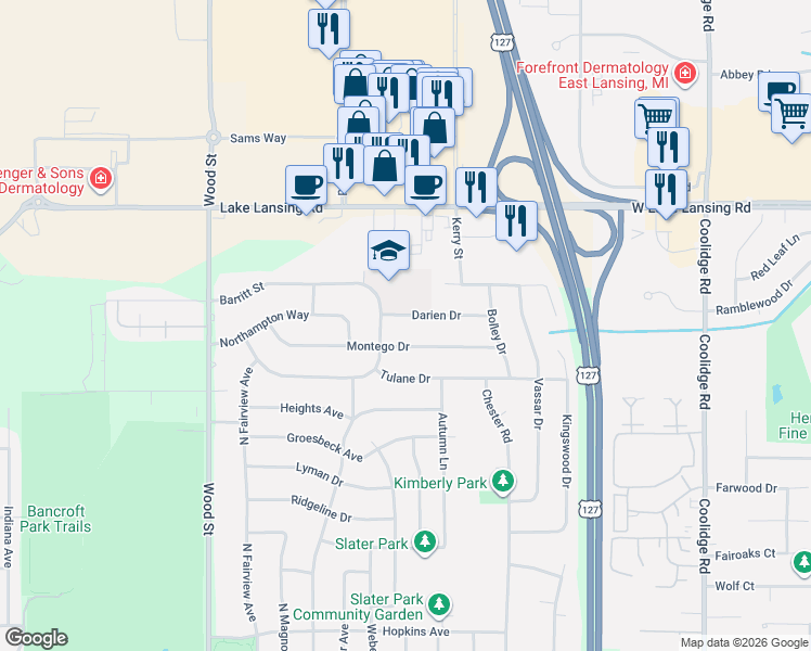 map of restaurants, bars, coffee shops, grocery stores, and more near 2500 Darien Drive in Lansing