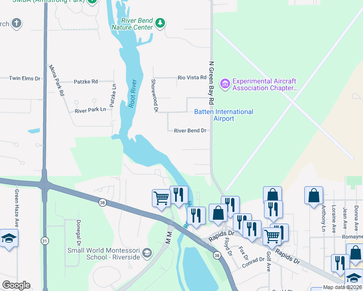 map of restaurants, bars, coffee shops, grocery stores, and more near 3701 River Bend Drive in Racine