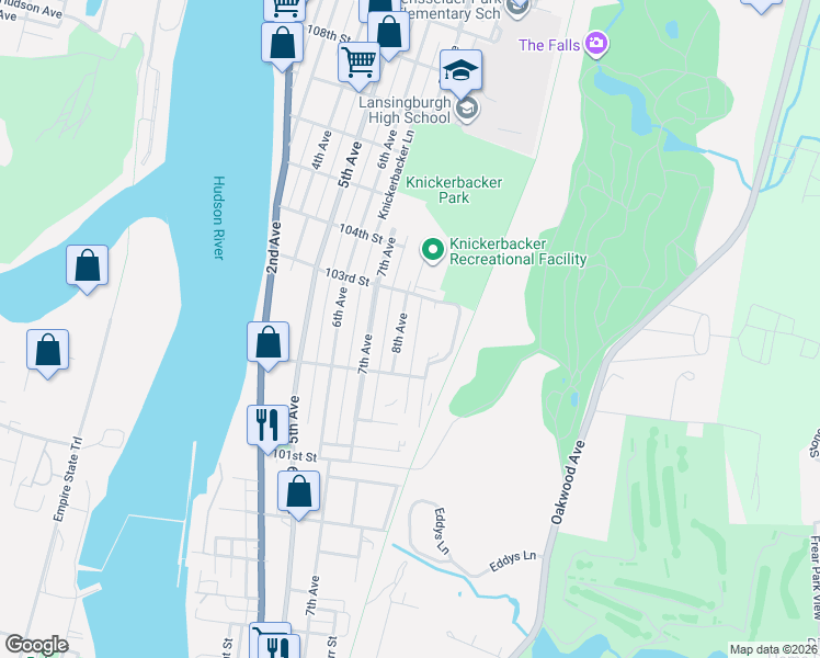 map of restaurants, bars, coffee shops, grocery stores, and more near 160 8th Avenue in Troy