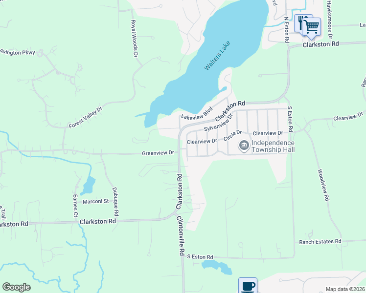 map of restaurants, bars, coffee shops, grocery stores, and more near 4915 Clarkston Road in Clarkston