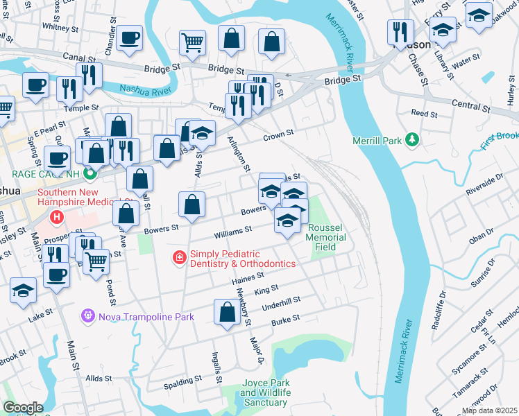 map of restaurants, bars, coffee shops, grocery stores, and more near 108 Bowers Street in Nashua