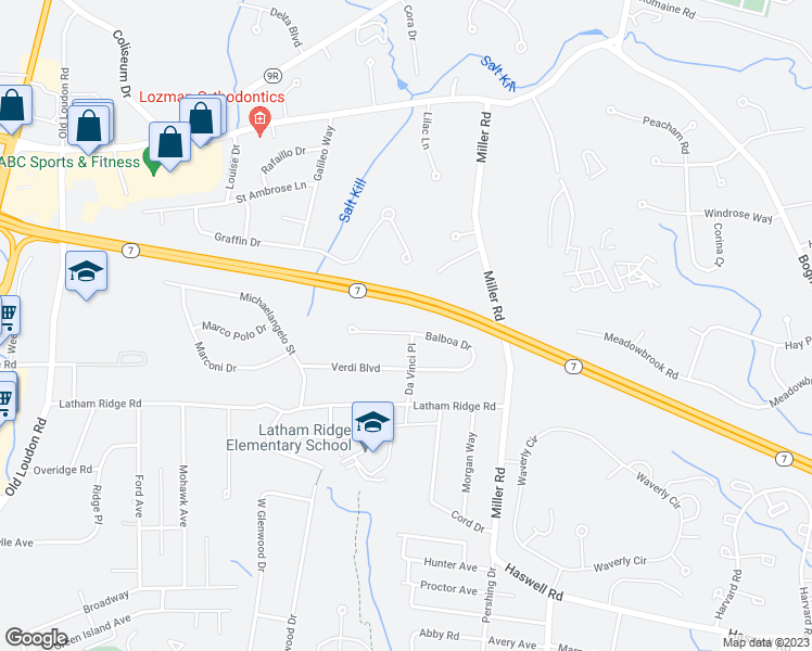 map of restaurants, bars, coffee shops, grocery stores, and more near 30 Balboa Drive in Latham