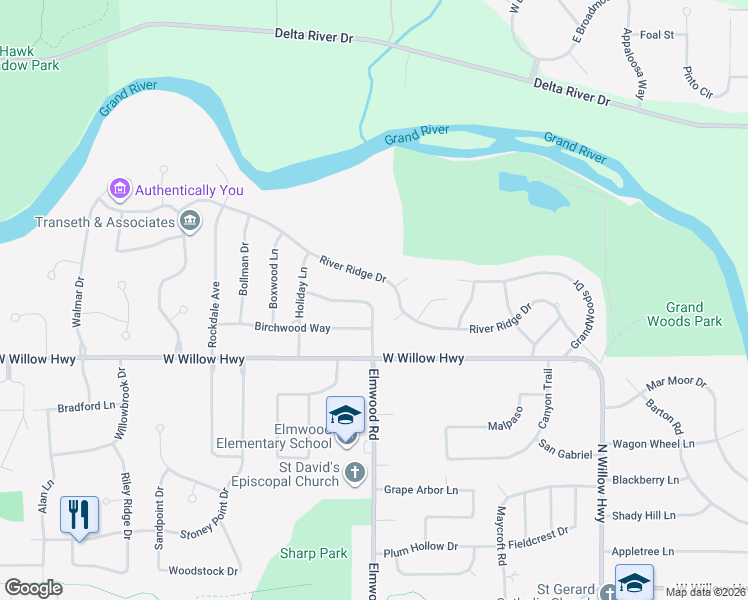 map of restaurants, bars, coffee shops, grocery stores, and more near 5200 Greenbriar Road in Lansing