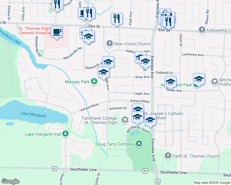 map of restaurants, bars, coffee shops, grocery stores, and more near 5 Leger Ave in St Thomas