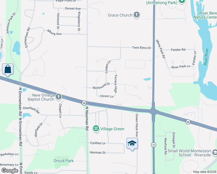 map of restaurants, bars, coffee shops, grocery stores, and more near 5225 Richmond Drive in Racine