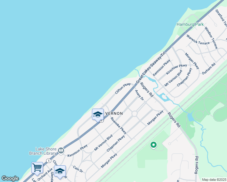 map of restaurants, bars, coffee shops, grocery stores, and more near 4760 Clifton Parkway in Hamburg