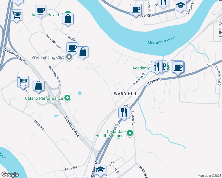 map of restaurants, bars, coffee shops, grocery stores, and more near 14 Sunrise Drive in Haverhill