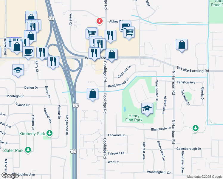 map of restaurants, bars, coffee shops, grocery stores, and more near 1429 Ramblewood Dr in East Lansing