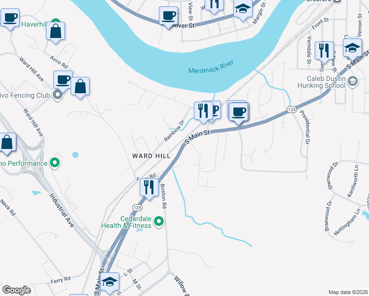 map of restaurants, bars, coffee shops, grocery stores, and more near 800 South Main Street in Haverhill