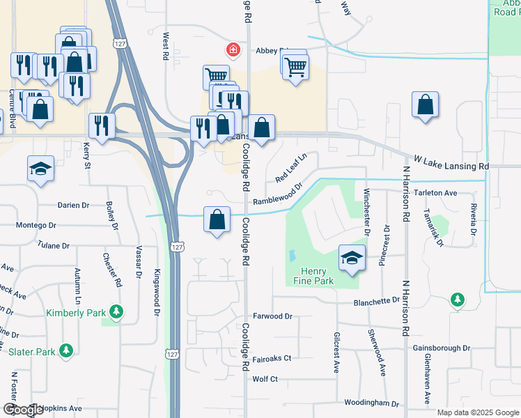 map of restaurants, bars, coffee shops, grocery stores, and more near 1429 Ramblewood Drive in East Lansing