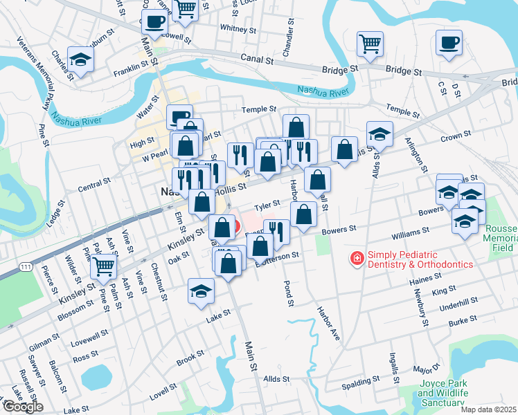 map of restaurants, bars, coffee shops, grocery stores, and more near 37 Tyler Street in Nashua
