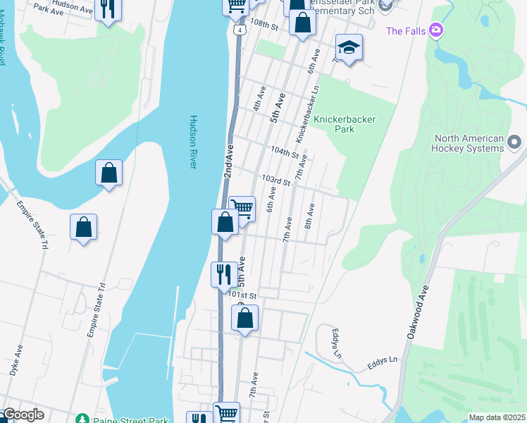 map of restaurants, bars, coffee shops, grocery stores, and more near 141 6th Avenue in Troy