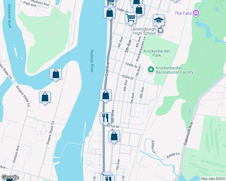 map of restaurants, bars, coffee shops, grocery stores, and more near 134 2nd Avenue in Troy