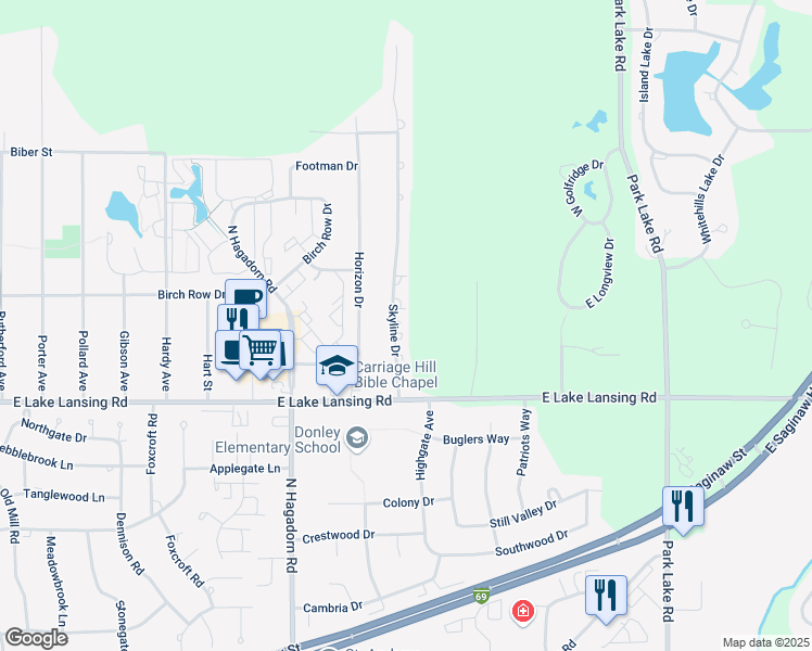 map of restaurants, bars, coffee shops, grocery stores, and more near 6070 Skyline Dr in East Lansing