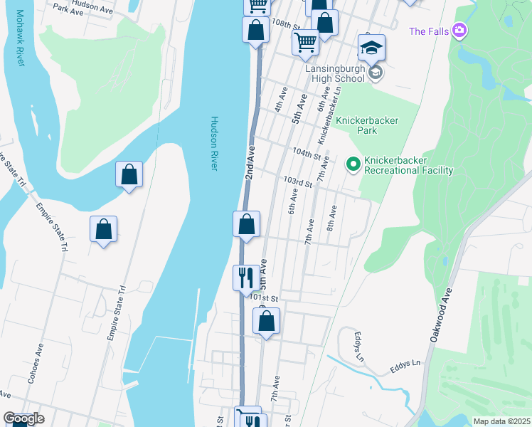 map of restaurants, bars, coffee shops, grocery stores, and more near 134 2nd Avenue in Troy