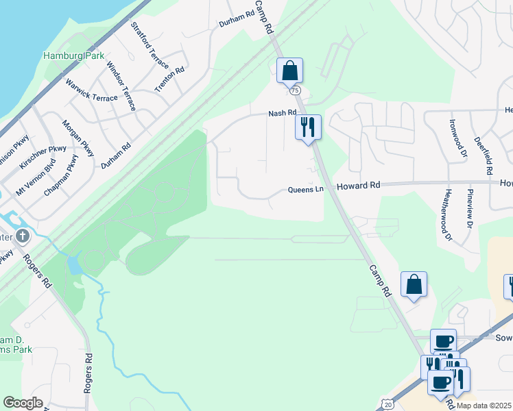 map of restaurants, bars, coffee shops, grocery stores, and more near 3295 Queens Lane in Hamburg