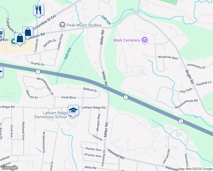 map of restaurants, bars, coffee shops, grocery stores, and more near 43 Miller Road in Watervliet