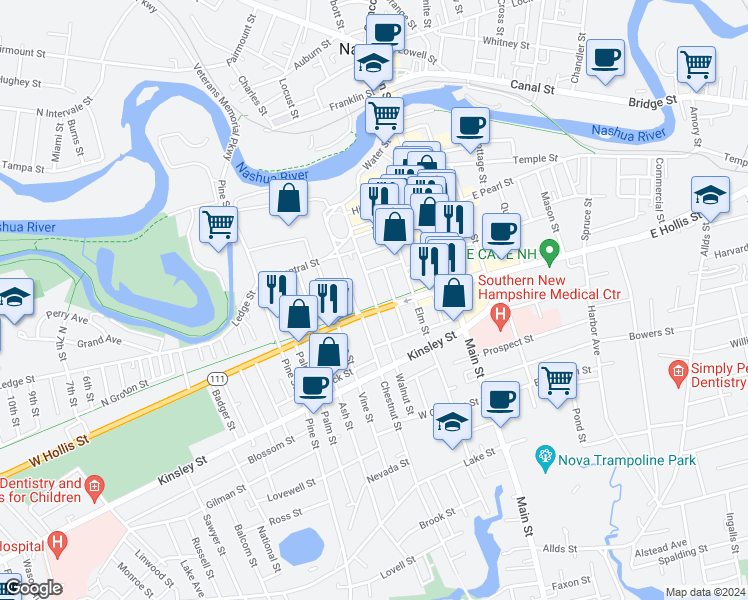 map of restaurants, bars, coffee shops, grocery stores, and more near 77 Walnut Street in Nashua