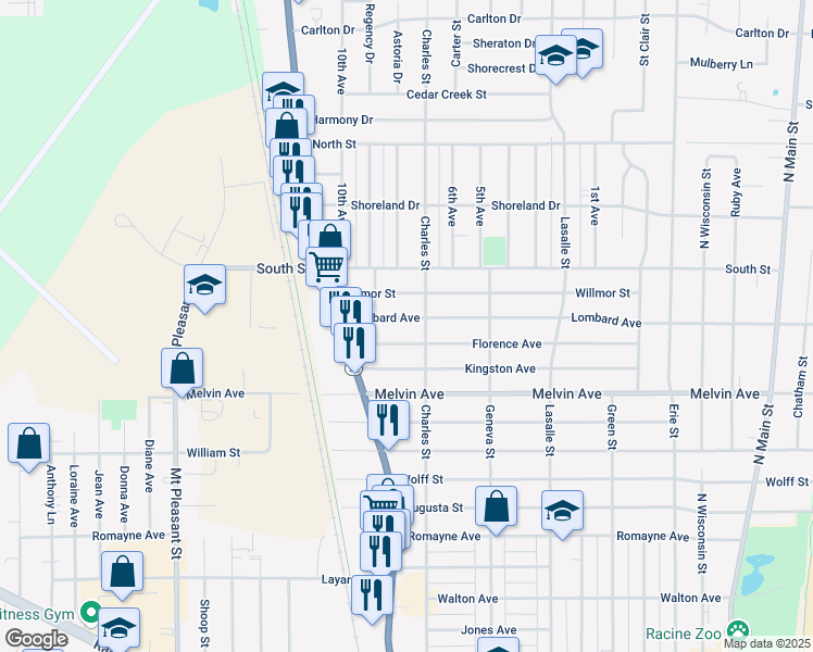 map of restaurants, bars, coffee shops, grocery stores, and more near 1425 Lombard Avenue in Racine