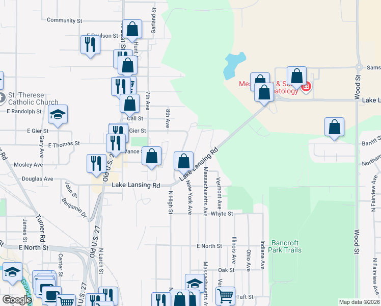 map of restaurants, bars, coffee shops, grocery stores, and more near 2231 Rheamount Avenue in Lansing