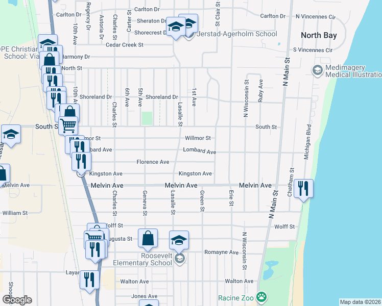 map of restaurants, bars, coffee shops, grocery stores, and more near 815 Lombard Avenue in Racine