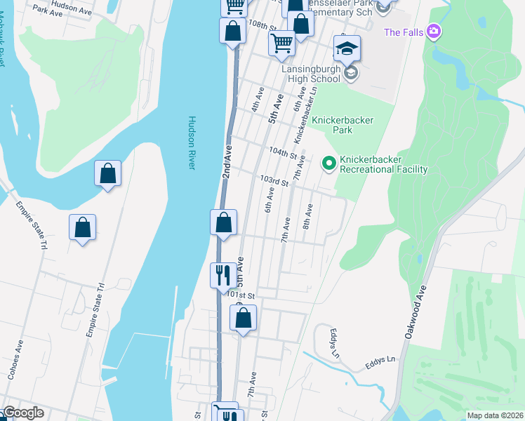 map of restaurants, bars, coffee shops, grocery stores, and more near 143 6th Avenue in Troy
