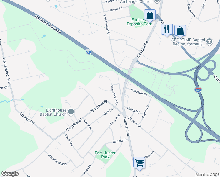 map of restaurants, bars, coffee shops, grocery stores, and more near 2036 Rosedale Way in Schenectady