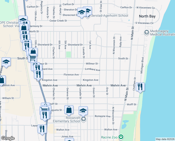 map of restaurants, bars, coffee shops, grocery stores, and more near 815 Lombard Avenue in Racine