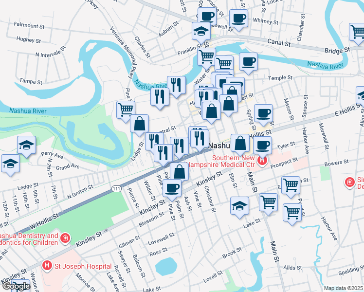 map of restaurants, bars, coffee shops, grocery stores, and more near 46 Vine Street in Nashua