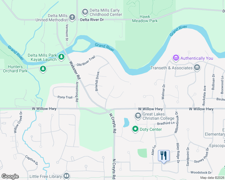 map of restaurants, bars, coffee shops, grocery stores, and more near 2222 Piney Point Drive in Lansing