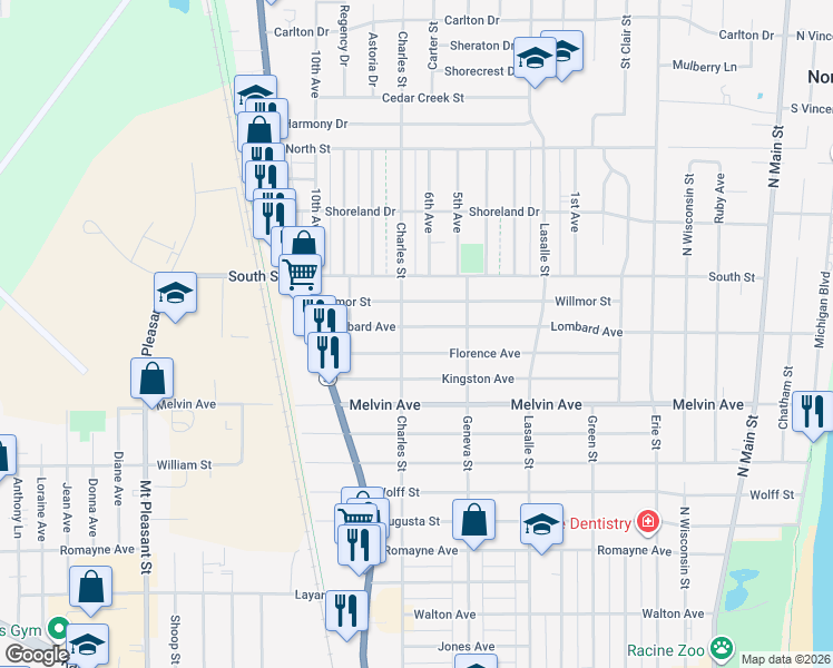 map of restaurants, bars, coffee shops, grocery stores, and more near 1309 Lombard Avenue in Racine