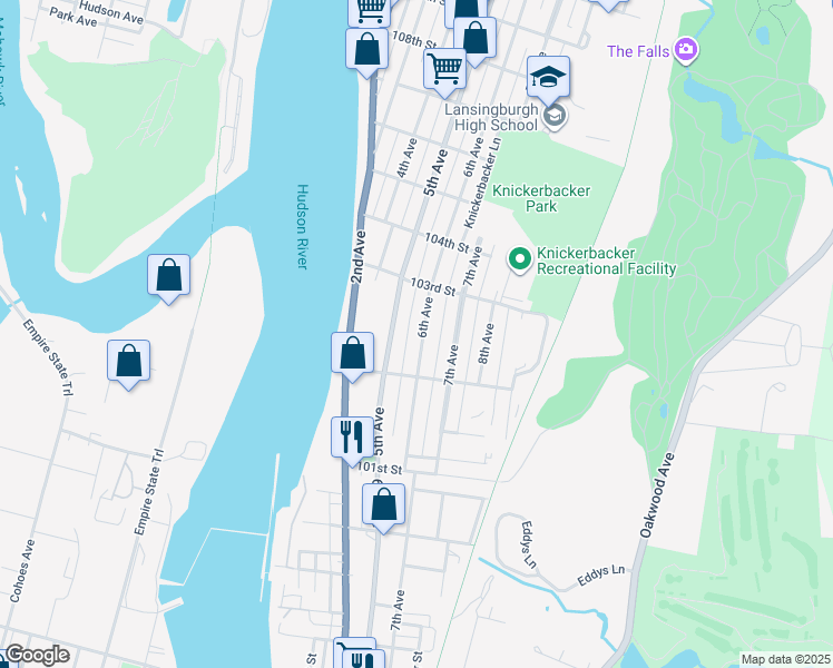 map of restaurants, bars, coffee shops, grocery stores, and more near 143 6th Avenue in Troy