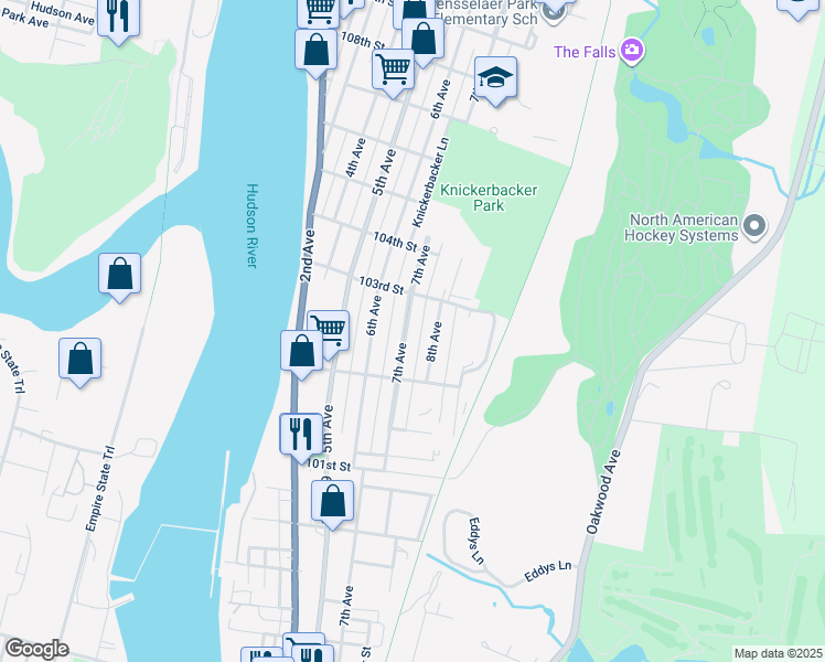 map of restaurants, bars, coffee shops, grocery stores, and more near 155 7th Avenue in Troy