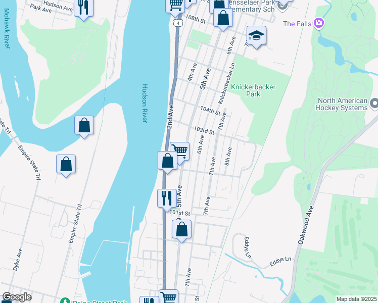 map of restaurants, bars, coffee shops, grocery stores, and more near 141 6th Avenue in Troy