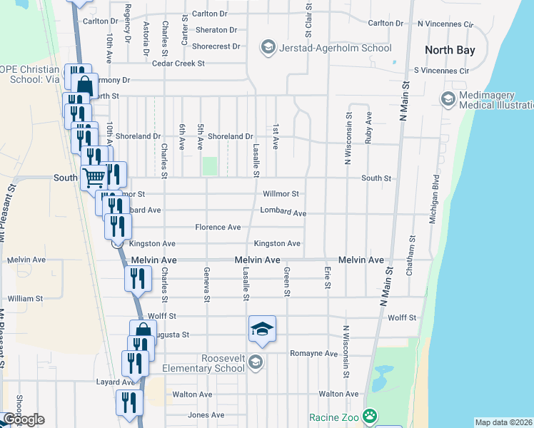map of restaurants, bars, coffee shops, grocery stores, and more near 815 Lombard Avenue in Racine