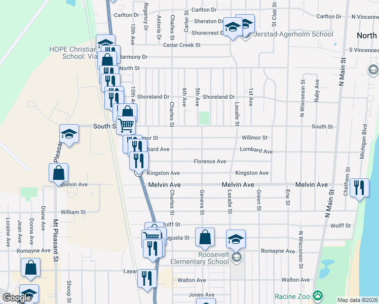 map of restaurants, bars, coffee shops, grocery stores, and more near 1213 Lombard Avenue in Racine
