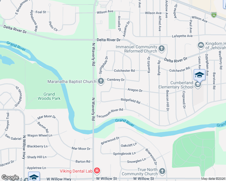 map of restaurants, bars, coffee shops, grocery stores, and more near 3639 Aragon Drive in Lansing