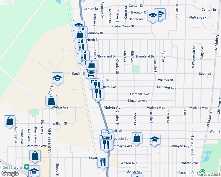 map of restaurants, bars, coffee shops, grocery stores, and more near 1425 Lombard Avenue in Racine