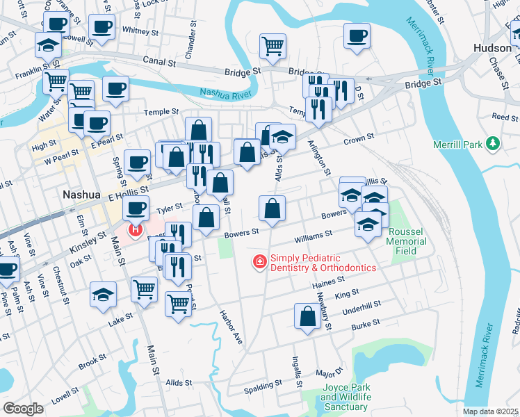 map of restaurants, bars, coffee shops, grocery stores, and more near 9 Mulvanity Street in Nashua
