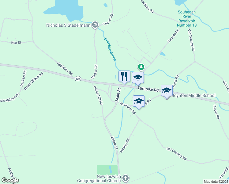 map of restaurants, bars, coffee shops, grocery stores, and more near 11 Main Street in New Ipswich