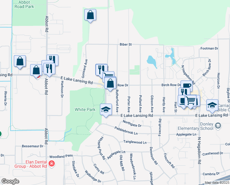 map of restaurants, bars, coffee shops, grocery stores, and more near 6085 Rutherford Avenue in East Lansing