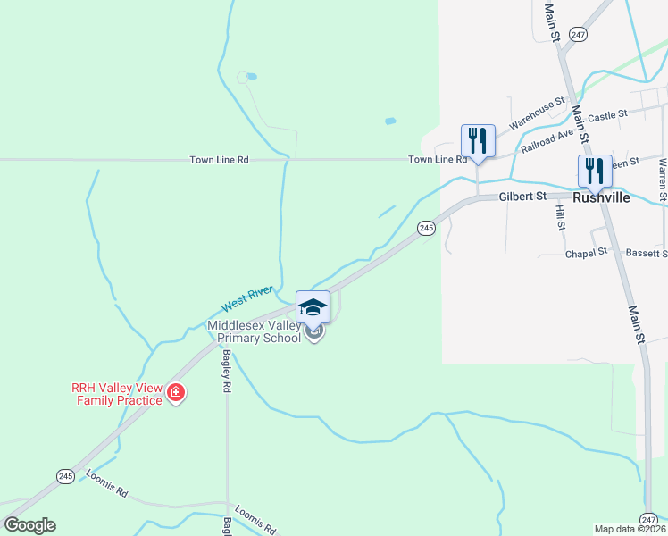 map of restaurants, bars, coffee shops, grocery stores, and more near 130 New York 245 in Rushville