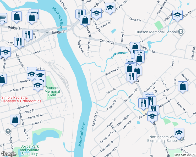 map of restaurants, bars, coffee shops, grocery stores, and more near 41b Riverside Drive in Hudson