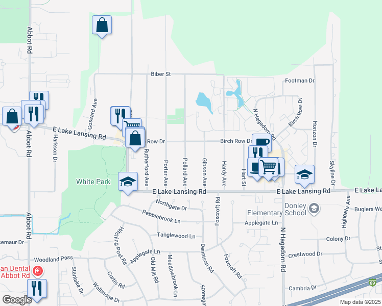 map of restaurants, bars, coffee shops, grocery stores, and more near 6083 Gibson Avenue in East Lansing