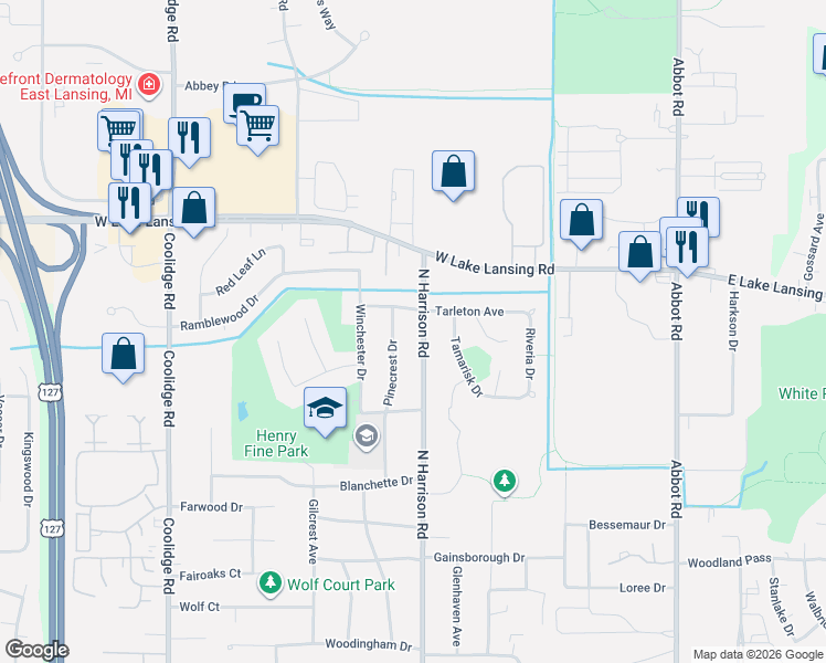 map of restaurants, bars, coffee shops, grocery stores, and more near 1986 North Harrison Road in East Lansing