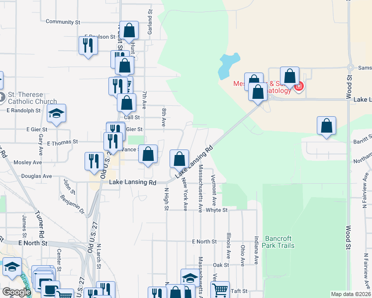 map of restaurants, bars, coffee shops, grocery stores, and more near 2231 Rheamount Avenue in Lansing