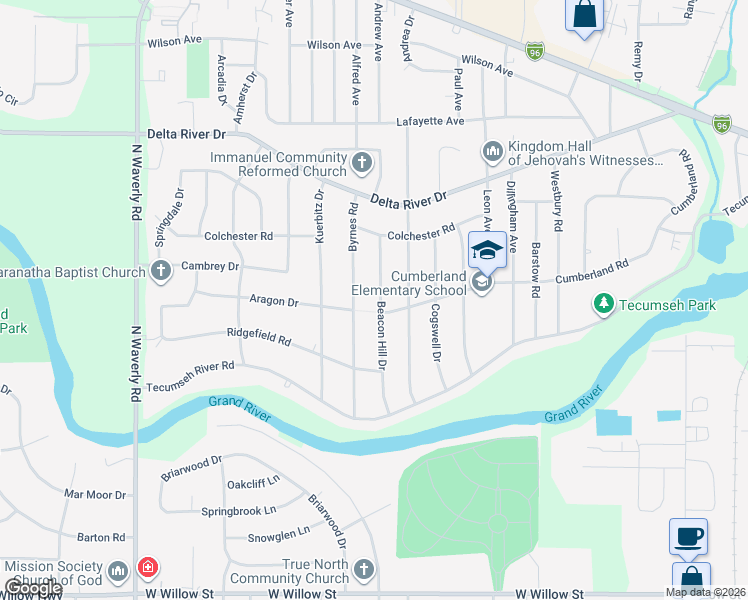 map of restaurants, bars, coffee shops, grocery stores, and more near 2211 Beacon Hill Drive in Lansing
