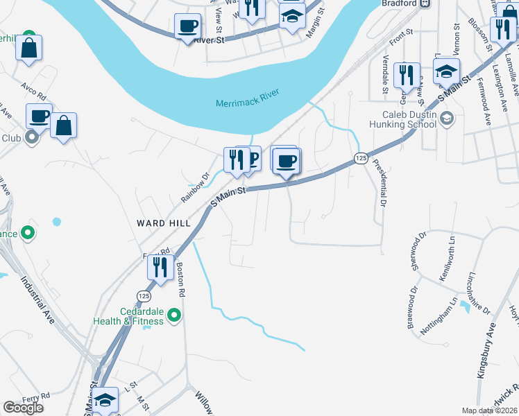 map of restaurants, bars, coffee shops, grocery stores, and more near 18 Wainwright Avenue in Haverhill