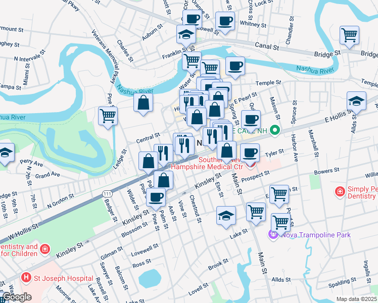 map of restaurants, bars, coffee shops, grocery stores, and more near 77 Walnut Street in Nashua